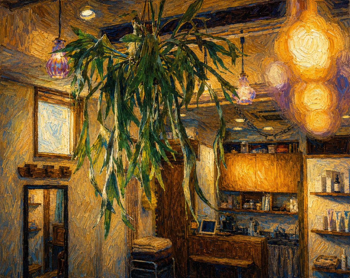 MARSHA HAIR 店内、天井から吊るされた植物と照明