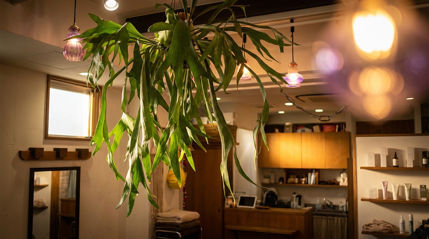 MARSHA HAIR 店内、天井から吊るされた植物とプロダクト棚